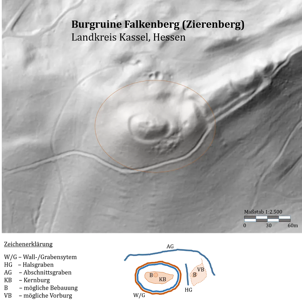 Reliefdaten ( Digitales Geländemodell, Maßstab 1:2500, Auflösung 1 m, Rohdaten: Land Hessen, (https://gds.hessen.de/) aus dem hessischen Windatlas (https://windrosen.hessen.de) extrahiert) und Umrisszeichnung der Burgruine Falkenberg bei Zierenberg, LKr Kassel, Nordhessen.