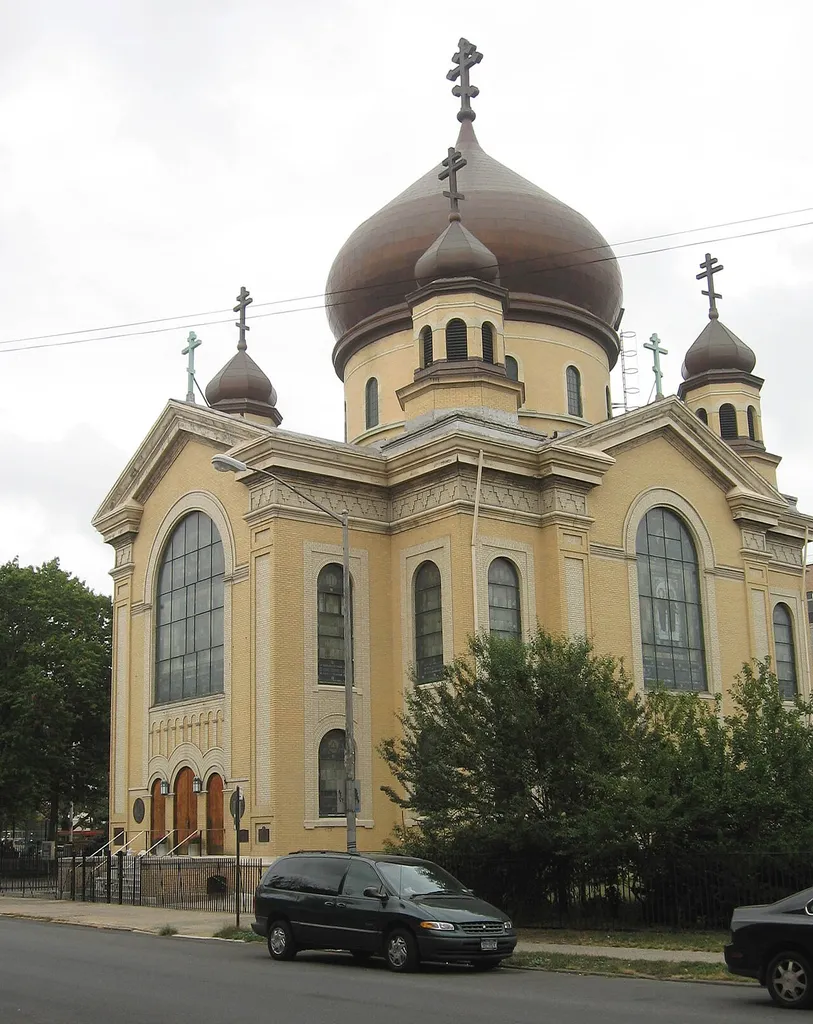 Looking east on a cloudy day at Russian Orthodox Cathedral of the Transfiguration of Our Lord, Greenpoint, Brooklyn, a en:List of Registered Historic Places in Kings County, New York designated 1989, its copper recently replaced.