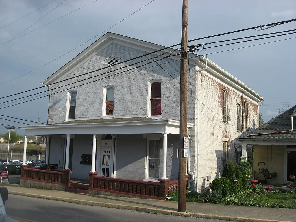 Front and western side of the former Clarksville Methodist Church (now a residence), located at 334 E. Main Street in Clarksville, Tennessee, United States. Built in 1831, it is listed on the National Register of Historic Places.