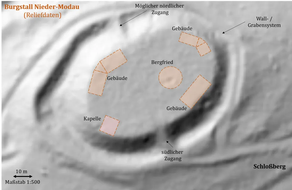 Reliefbild des Burgstalles von Nieder-Modau auf dem Schloßberg (Landkreis Darmstadt-Dieburg in Hessen) Nach: Krahe, F.-W.: Burgen des deutschen Mittelalters, Würzburg 1994 und Georg Wilhelm Justin Wagner: Der Schloßberg bei Niedermodau. In: Archiv für hessische Geschichte und Altertumskunde. Abschnitt XXIII, Band 1, Verlag Carl Wilhelm Leske, Darmstadt 1835, S. 401–405. Reliefdaten (Maßstab 1:2.500, Auflösung 1 m, Rohdaten: Land Hessen, (https://gds.hessen.de/) aus dem hessischen Windatlas (https://windrosen.hessen.de)