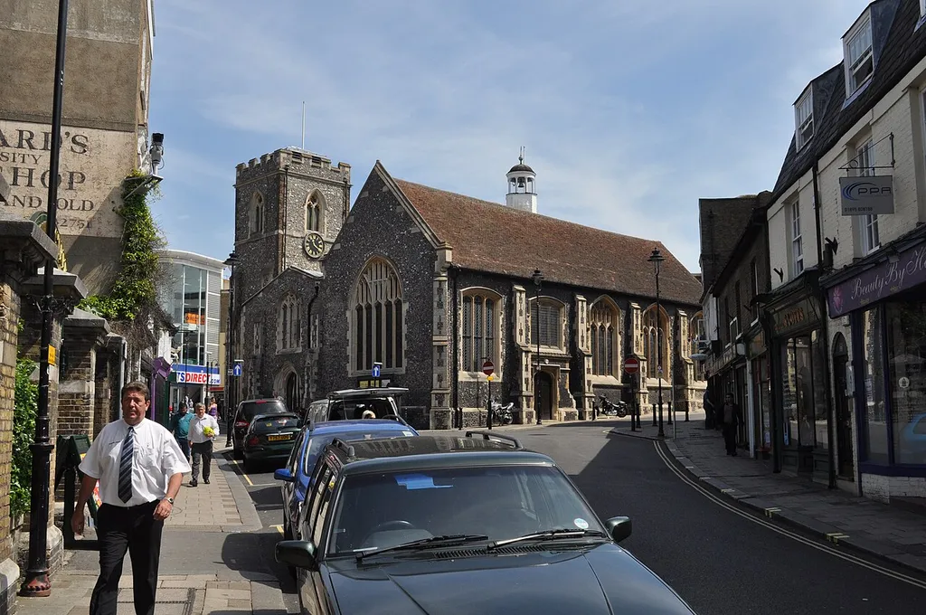 Uxbridge church approaching town center on left