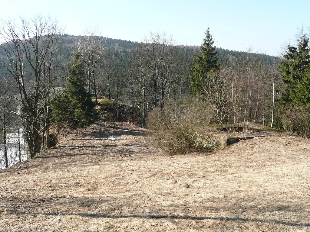 Blick von Osten über Vor- und Hauptburg der abgegangenen Burg Nidberg - im Vordergrund ein mutmaßliches Turmfundament (später bis Ende des 20. Jahrhunderts mit einer hölzernen Feldscheune überbaut gewesen)