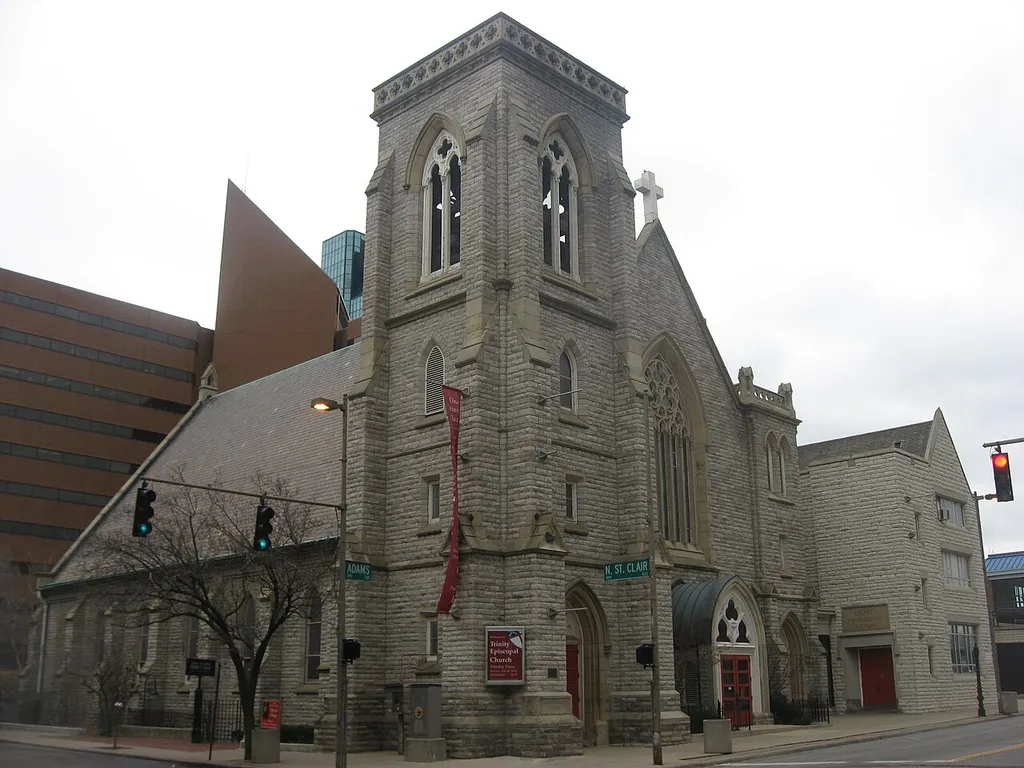 Front and western side of Trinity Episcopal Church, located at 316 Adams Street in Toledo, Ohio, United States. Built in 1863, it is listed on the National Register of Historic Places.