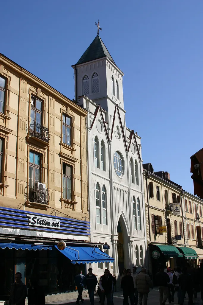 View of the catholic church on the main street in Bitola.