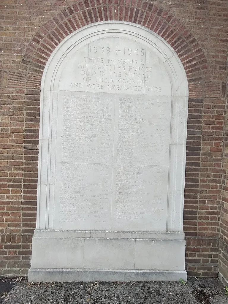 Second World War memorial at Perry Barr Crematorium, Birmingham, England. Note that Signalman T.F. Powell is listed out of alphabetical sequence, at the foot of the first column.
