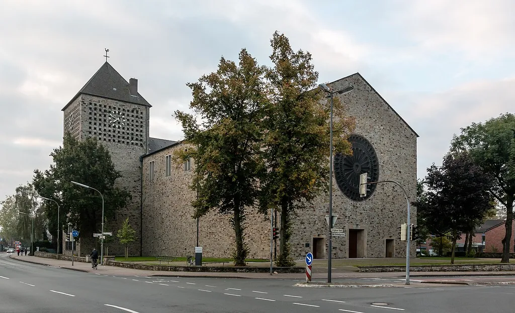 Holy Cross Church, Dülmen, North Rhine-Westphalia, GermanyThe Holy Cross Church is a Roman Catholic parish church that houses the tomb of the blessed mystic Anna Katharina Emmerick. It was built between 1936 and 1938 on Lüdinghauser Straße by church architect Dominikus Böhm as the second Catholic parish church and was consecrated on November 16, 1938, by the then Bishop of Münster, Clemens August Graf von Galen, as the last new church to be built in Germany before the Second World War. The church was partially destroyed by bombs on March 22, 1945. The building was rebuilt by 1953, although the baptistery was not rebuilt. The church was renovated and redesigned in the 1970s and 2000s.