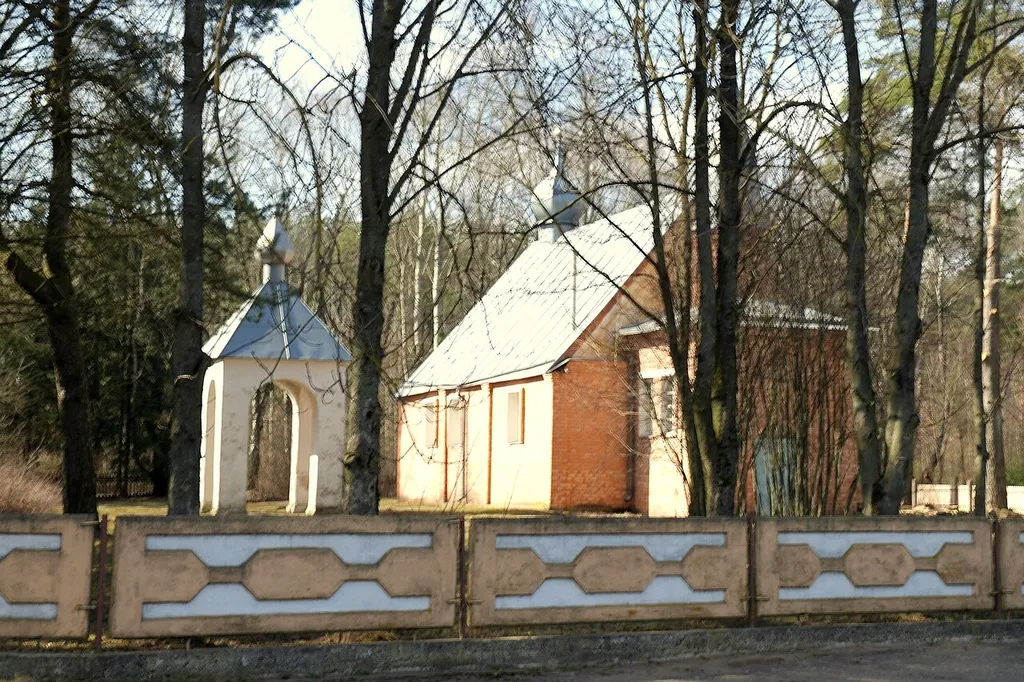 Orthodox Church of the Transfiguration, town Haradzeya, Nesvizh District, Minsk province, Belarus. Build in 1808. Next to the church is a small belfry.