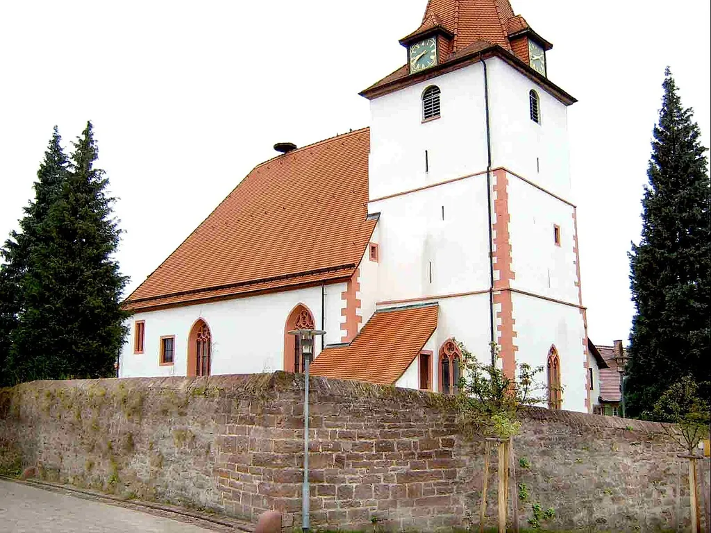 Ellmendingen (Church-Castle); District of Enz; Federal State of Baden-Württemberg; Germany Build in the 15th century; later changes; of special interest: Curtain remaining (without battlement); parts of a former second curtain; massive church-tower (chorus in the basement)