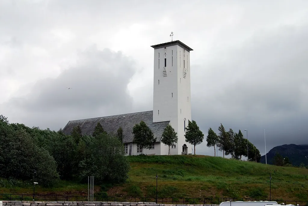 Bjerkvik village, municipality of Narvik, Norway. Bjerkvik kirke