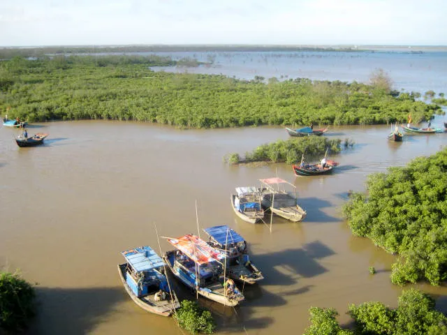 The Landscape of Xuan Thuy National Park (Nam Dinh Province, Northvietnam). Mangrove forests, fisher boats, mouth of the red river.