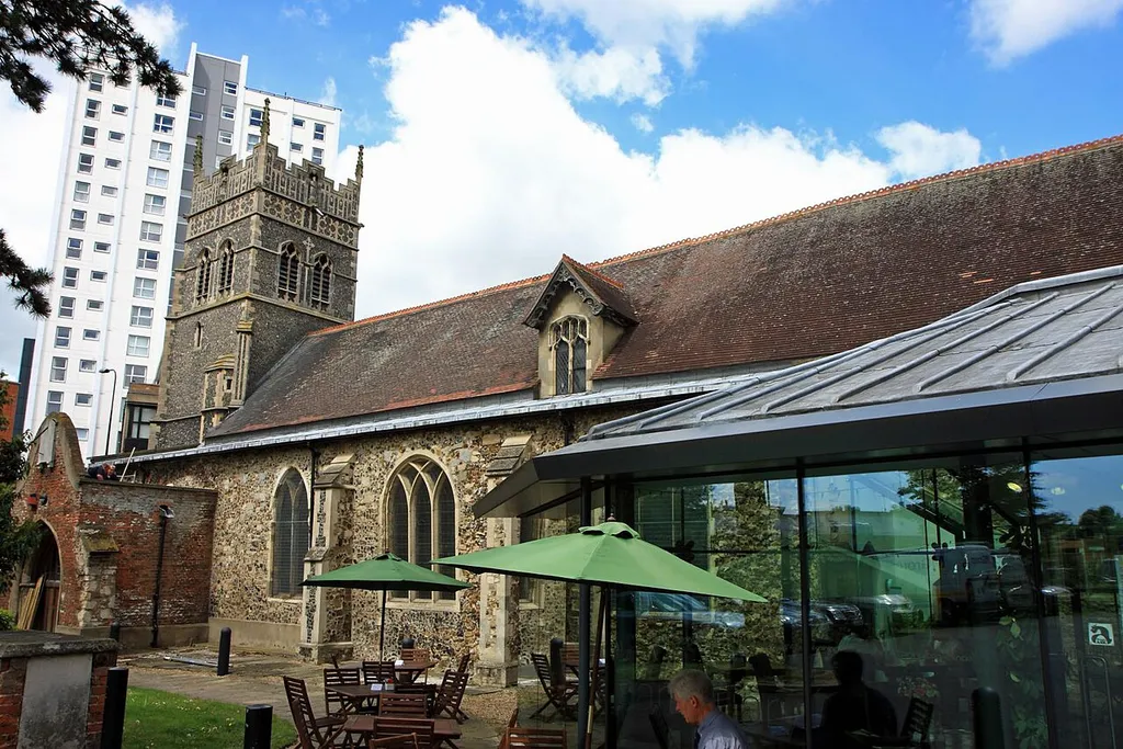 Former parish church of St Nicholas, Ipswich, Suffolk, seen from east-southeast