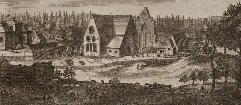 Ruiner av det fordom ståtliga Nydala kloster i Småland sådana de äro att se efter Kristian Tyranns mordbrand år 1520. Kopperstick av Erik Dahlbergh. Tryck 1708.
