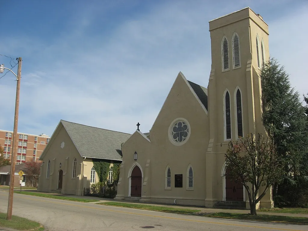 Front of All Saints Episcopal Church, located at 610 Fourth Street in Portsmouth, Ohio, United States. Built in 1833 (left portion) and 1851 (right portion), it is listed on the National Register of Historic Places.