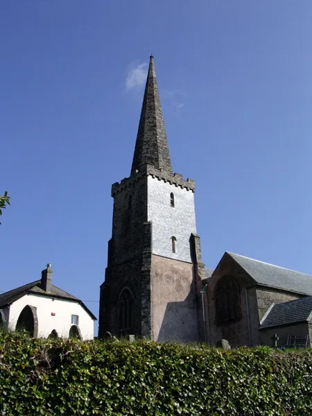 West tower and spire of St Mary's parish church, North Huish, Devon, seen from the southwest