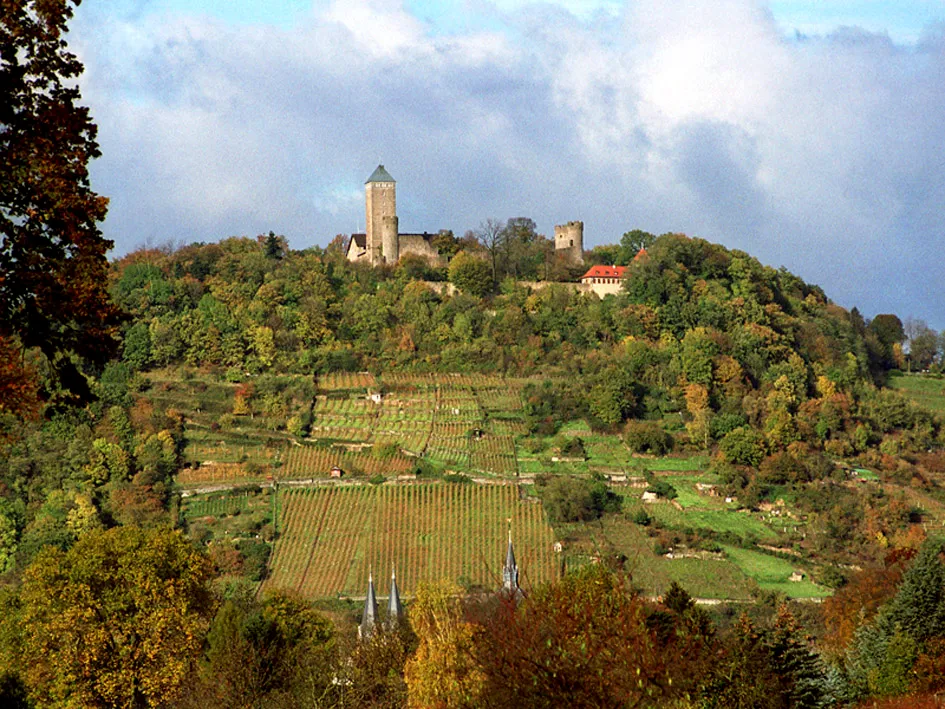 Blick auf den Schloßberg mit der Starkenburg von Süden im Herbst Sonstiges: Scan von Negativ