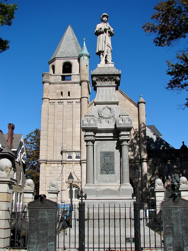 Market Square on 5500 block of Germantown Ave., Philadelphia, PA. Memorial to Union Civil War Soldiers. Church behind it. In the Colonial Germantown Historic District. The Germantown Historical Society is out of the picture to the right.