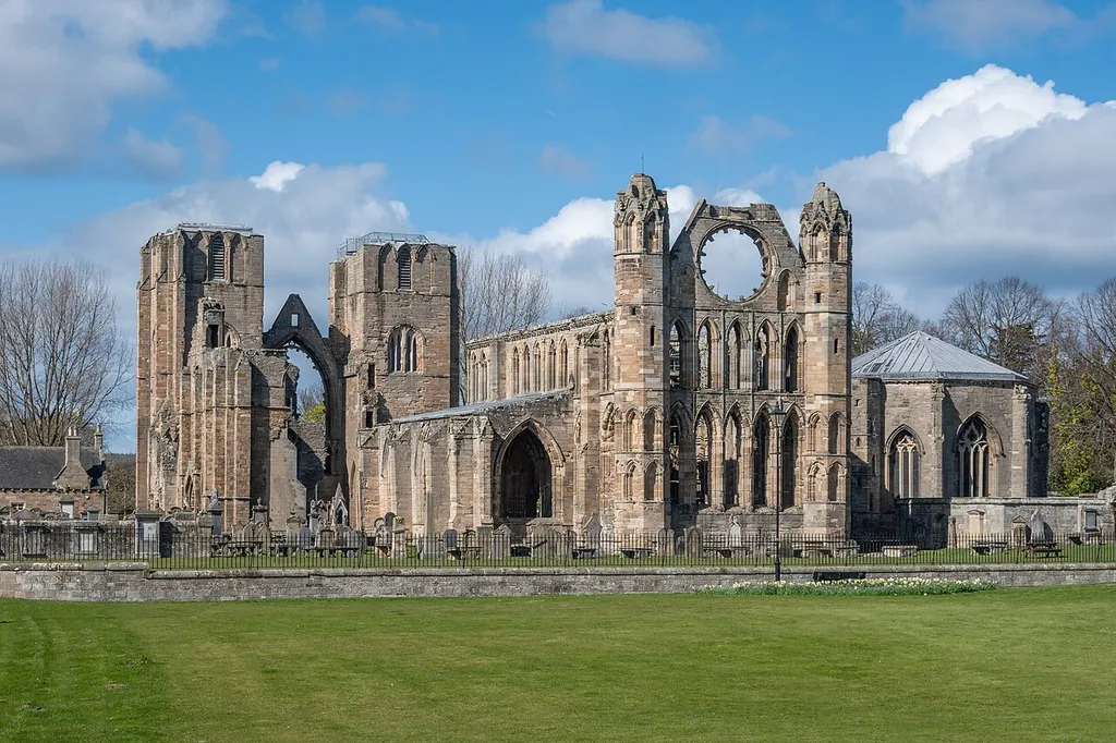 The historic ruins of Elgin Cathedral, dating back to the 13th century, was once the seat of the Bishop of Moray. The photograph is taken from the south-west on Newmill Road, next to the Landshut bridge.