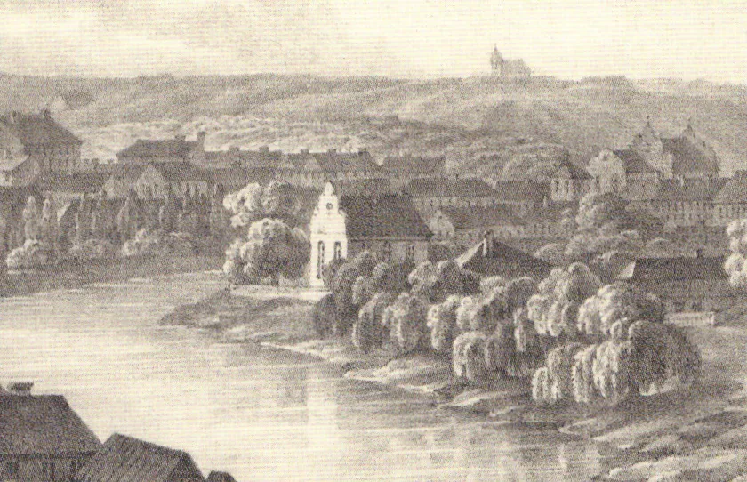 Litografijos "Vilniaus vaizdas nuo Tivolio parko kalvos Antakalnyje" fragmentas.