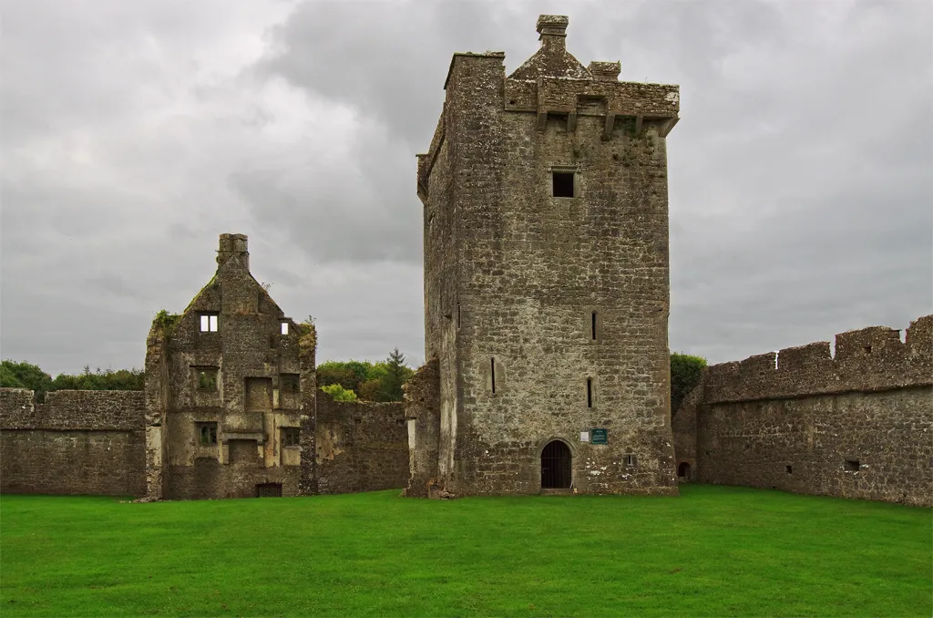 Castles of Connacht: Pallas, Galway. This fine early C16 tower now under the care of the state was built by the Burkes and later held by the Nugents. Standing next to the tower are the remnants of a later house near a corner of the well preserved bawn wall.