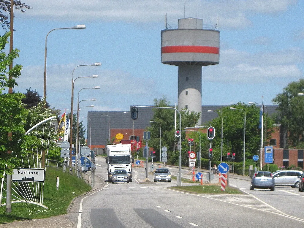 The water tower "Padborg Vandtårn" in the small town "Padborg". The town is located in Southern Jutland, Denmark, close to the German border.