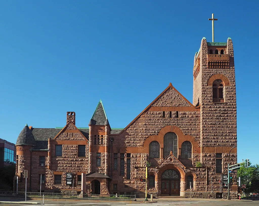 Wesley Methodist Episcopal Church (now Substance Church–Downtown), 101 E Grant St, Minneapolis, Minnesota, USA. Viewed from the north. This is an image of a place or building that is listed on the National Register of Historic Places in the United States of America. Its reference number is 84001469 (Wikidata).