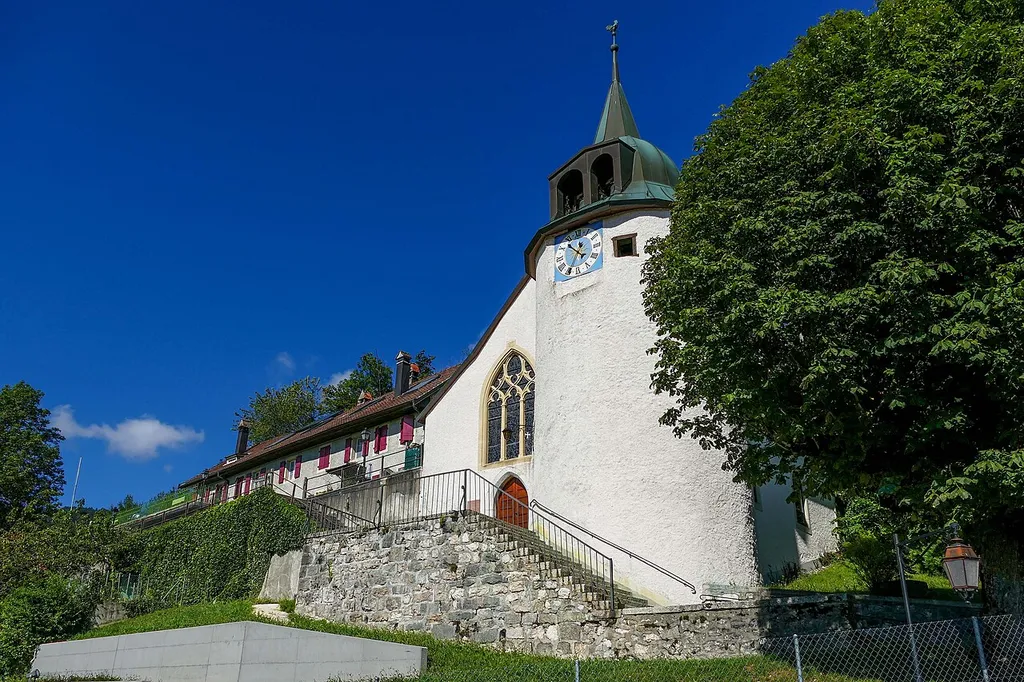 Fortification tower in the north-east corner of the ancient Montricher castle, built before 1049 by Lord Rodolphe de Grandson transformed into a bell tower for the chapel that was presumably dedicated to Saint Nicholas.
