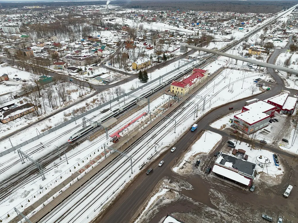 Chudovo-1 (Chudovo-Moskovskoye) railway station photographed from above at winter. Chudovo, Novgorod Oblast, Russia.