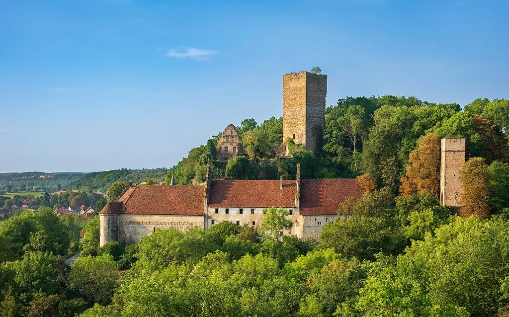 Bad Rappenau, Germany, district Heinsheim: Ehrenberg Castle seen from the north.In the centre the Bergfried (note the tree on the top ;–) with the collapsed buildings of the inner bailey, before them the outer bailey which is more or less intact and partially occupied. At the left the valley of the river Neckar, in the middle ground the roofs of Heinsheim, in the background the walls and towers of Bad Wimpfen; there is some mist or dust over the valley of the Neckar.