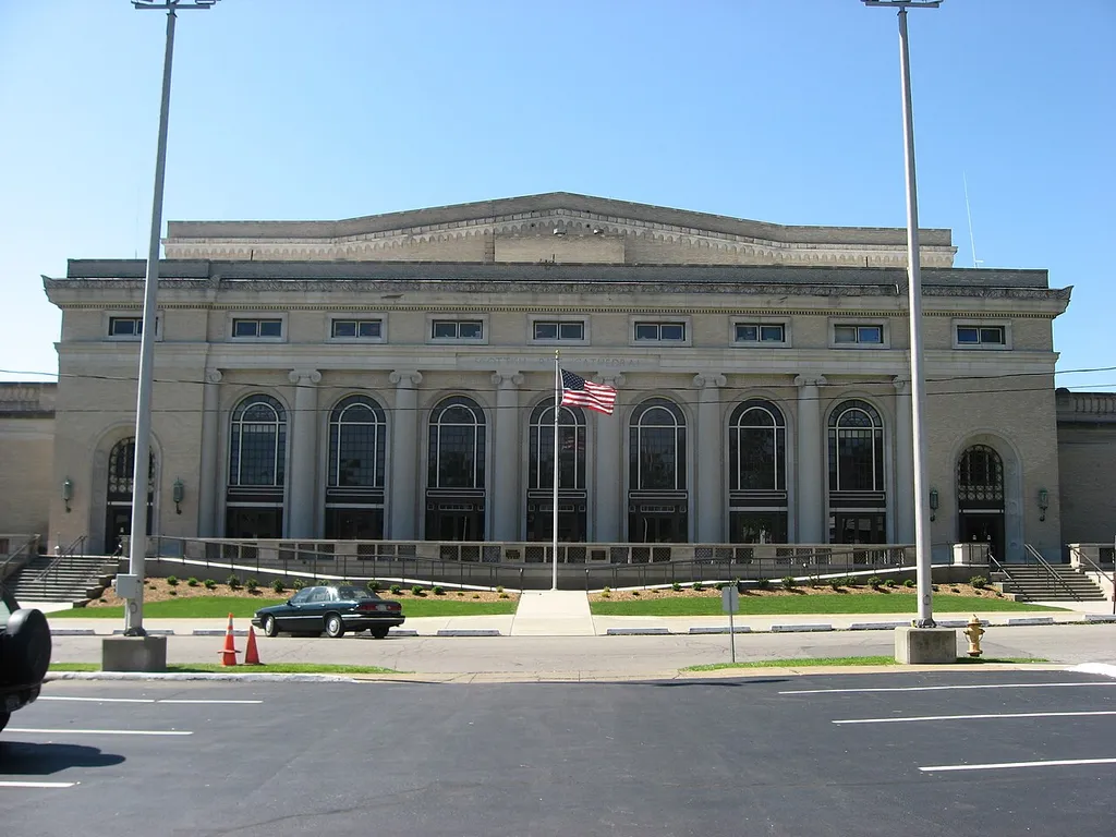 Front of the Scottish Rite Cathedral, located at 110 E. Lincoln Avenue in New Castle, Pennsylvania, United States. Built in 1926, the cathedral is listed on the National Register of Historic Places.