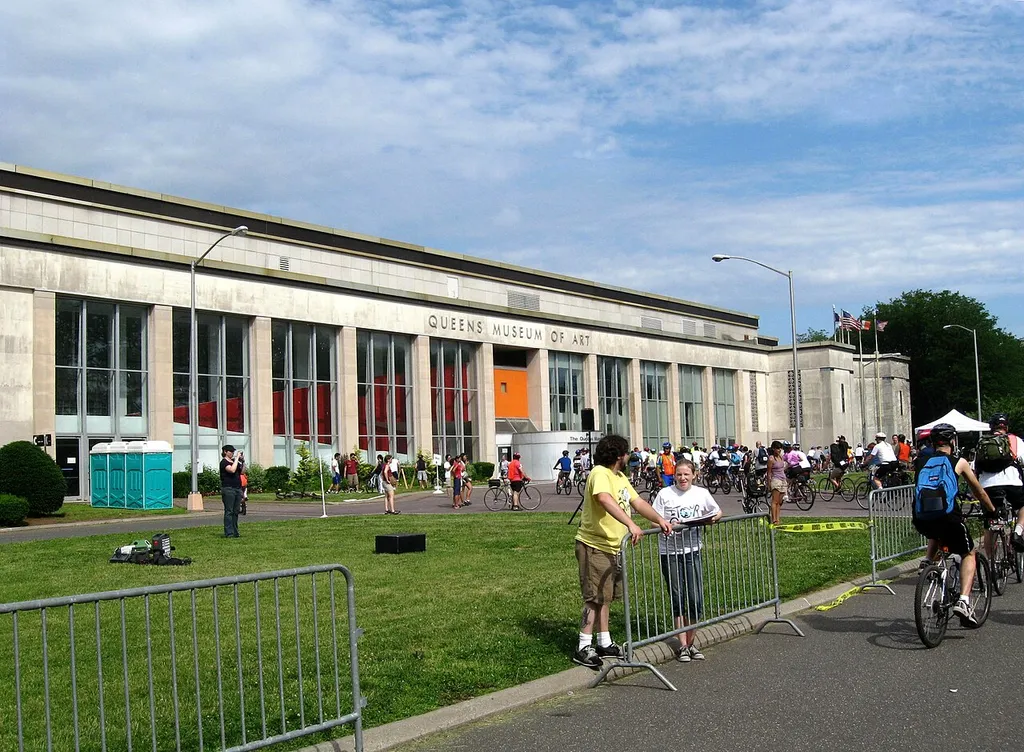 Looking northwest on a sunny morning at en:Queens Museum of Art as the first annual Tour de Queens prepares to roll.