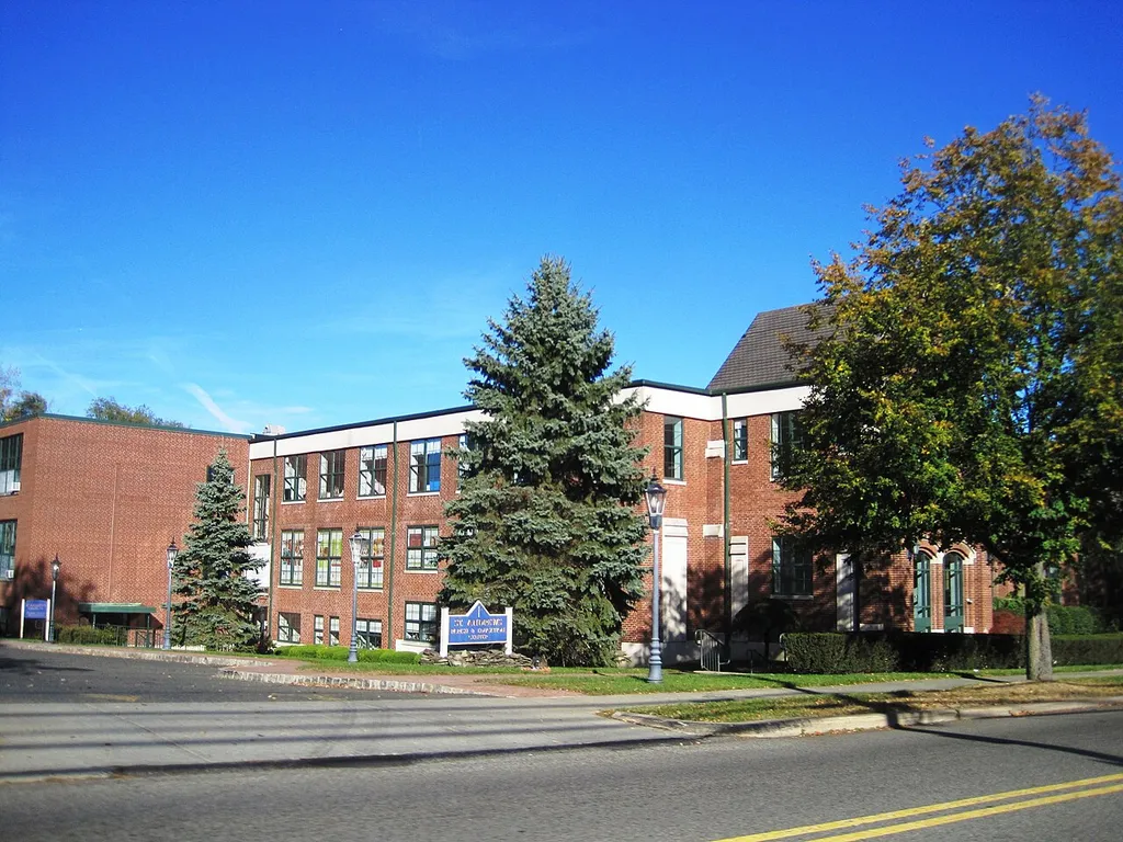 Photo of St. Andrew's Church and Parish Center in Westwood, New Jersey. Photo taken from County Route 502 (Washington Avenue) looking northeast.