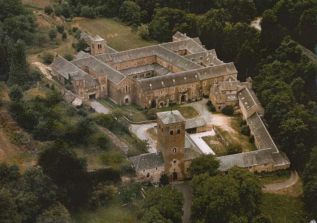 Aerial view of the Bonnecombe abbey, Aveyron, France.