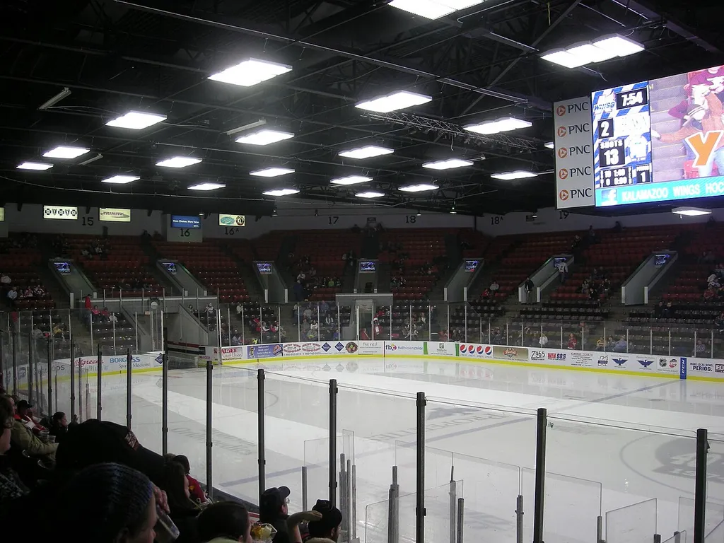The interior of the arena during the Toledo Walleye vs. Kalamazoo Wings ice hockey game at Wings Stadium in Kalamazoo, Michigan (United States). Kalamazoo won 6–3.