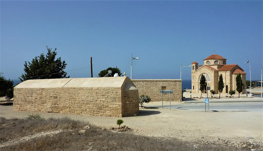 Byzantine church of Agios Georgios, Peyia. New church of Agios Georgios in the background.