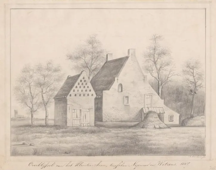 Overblijfsel van het klooster Sion (±1190-1580) te Niawier, Noardeast-Fryslân, Friesland. Tekening van N.A. van Loon uit 1847.