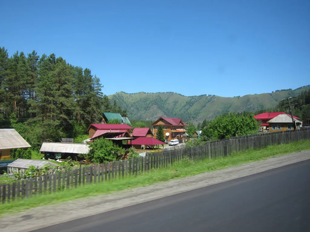 Manzherok settlement in Mayminsky District of the Altai Republic, view from the bus window