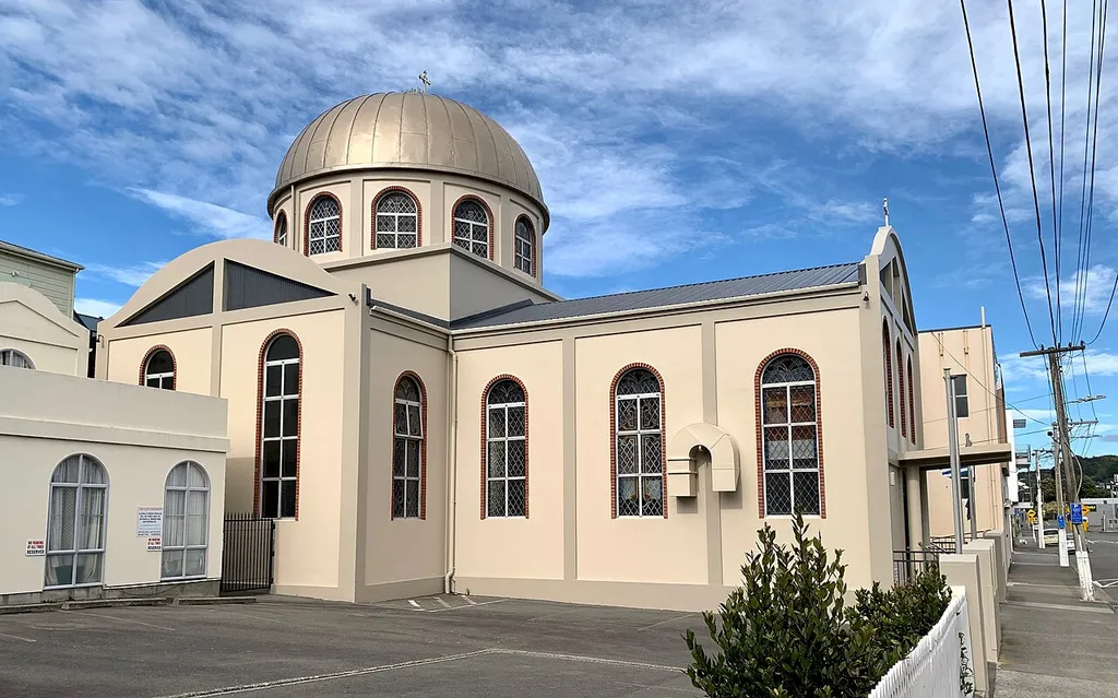 A photograph of the Greek Orthodox Cathedral of the Annunciation of the Virgin Mary on Hania Street in Wellington, New Zealand. This was taken around 11am on the Greek Orthodox Palm Sunday, 12 April 2020, during the COVID-19 pandemic.