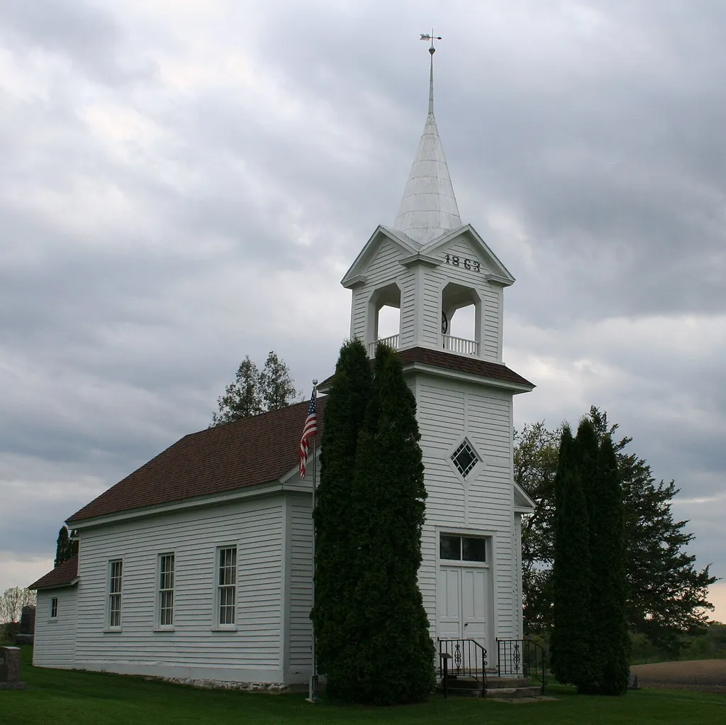 Zoar Moravian Church seen from Carver County Highway 10 west of Chaska near Waconia, Minnesota.