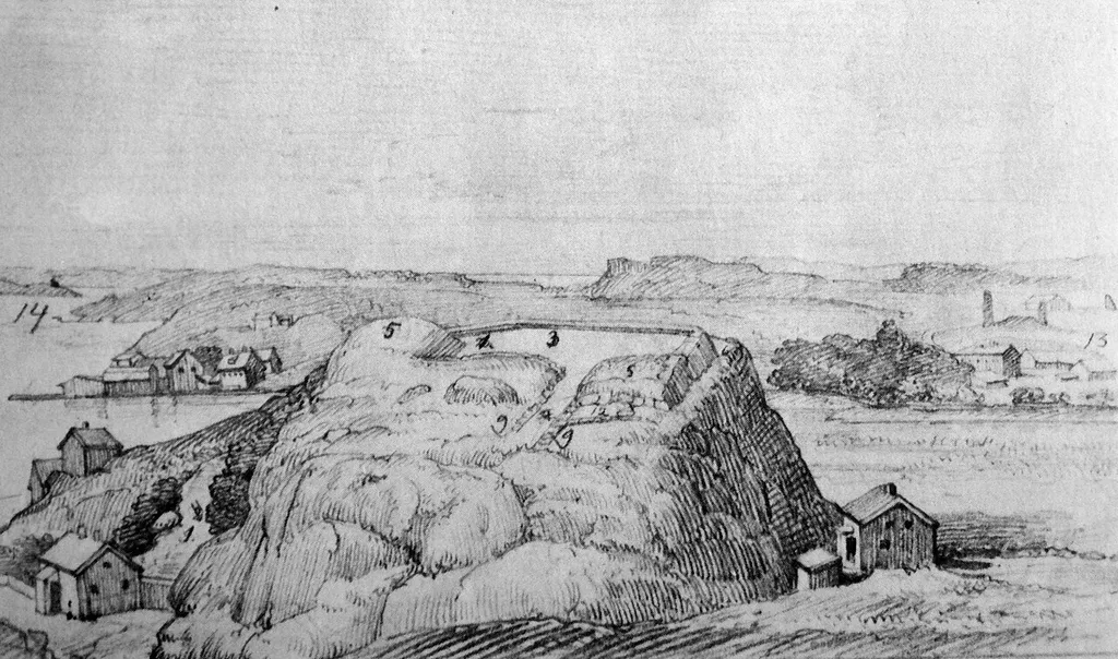Drawing from the 1860´s of the ruins from Lindholmen castle, Gothenburg, Sweden.