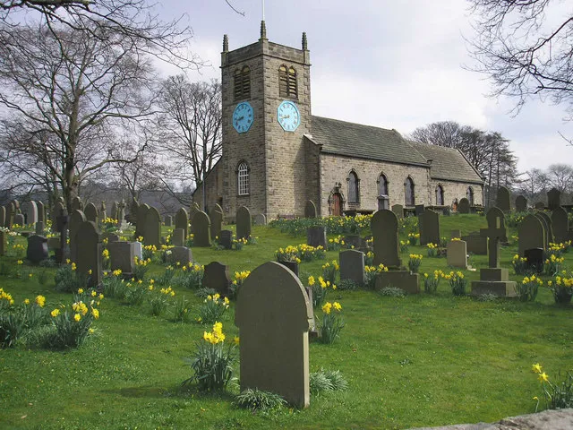 St. Peter's Church and churchyard, Addingham A fine display of daffodils. The church clock has stopped: this was taken at about 11:30.