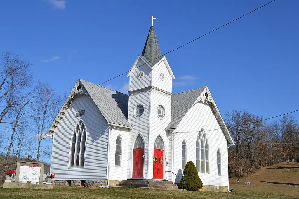 Western side and front of Chalfant Church, located at the junction of Roads 439 and 64B south of Coshocton in Washington Township, Coshocton County, Ohio, United States. Built in 1893, it is listed on the National Register of Historic Places.