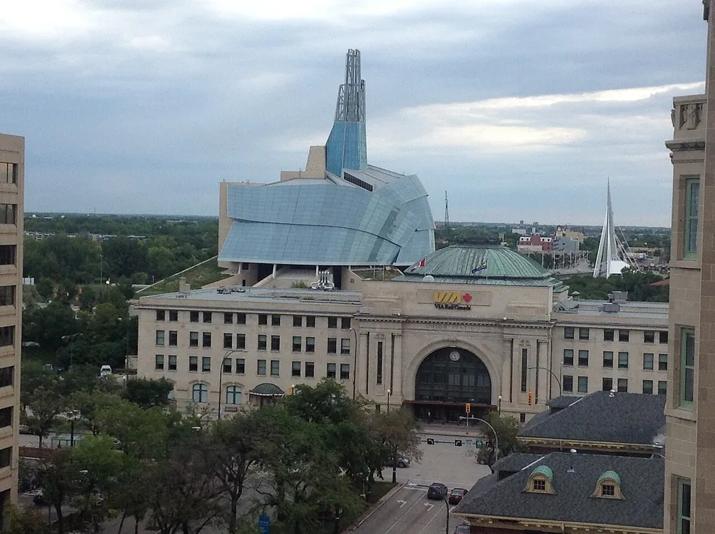 Winnipeg Union Station, Manitoba, Canada, showing the Canadian Museum for Human Rights in the background