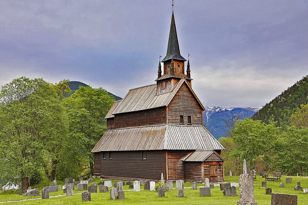Kaupanger stave church, Sogndal. Today's church was built after a fire, probably towards the end of the 12th century, and has since been rebuilt several times. Its current appearance should correspond to that of the 17th century. The church is located south of Kaupanger on the Sognefjord (Norway).