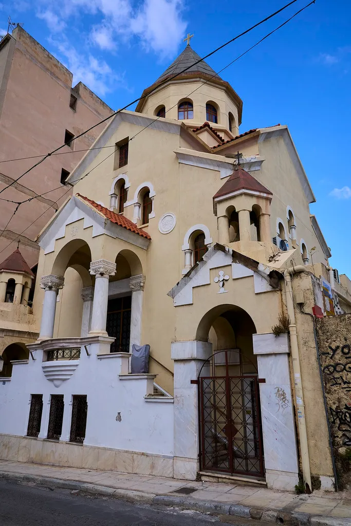 The Armenian Cathedral of Saint Gregory the Illuminator on Kriezi Street. According to the website of the church (https://armenianprelacy.gr/en/parishes/armenian-prelacy-of-greece/), it was erected in 1935.