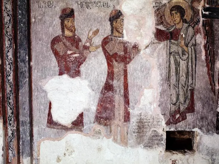 A ktitors fresco portraits from the Zemo-Krikhi monastery, Racha, Georgia
