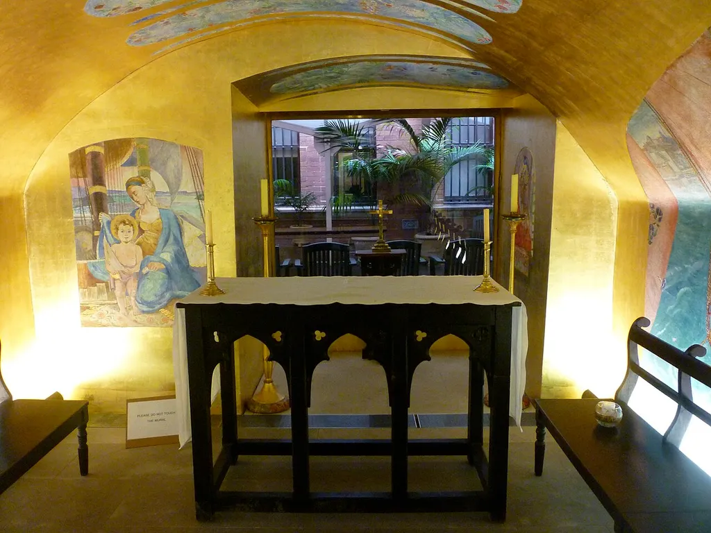 Mural designed by Ethel Anderson. Painted in 1929 by the Turramurra Wall Painters' Union. Restored in 1992.