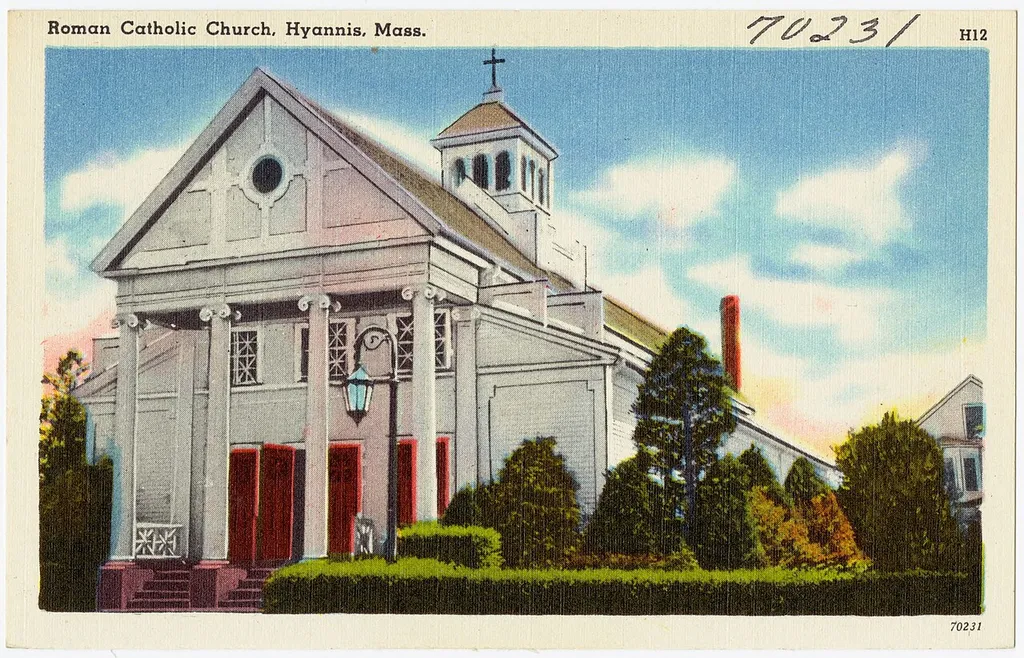 Title: Roman Catholic Church, Hyannis, Mass. Subjects: Catholic churches Places: Massachusetts > Barnstable (county) > Hyannis Notes: Title from item. Extent: 1 print (postcard) : linen texture, color ; 3 1/2 x 5 1/2 in. Accession #: 06_10_000743