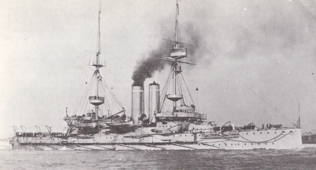 British battleship HMS Goliath after the addition of fire control and wireless rig.