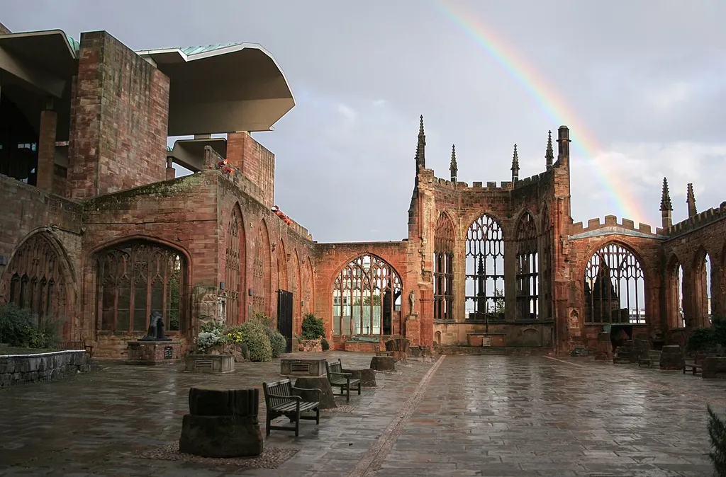 Coventry's old Cathedral ruins with rainbow.