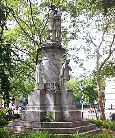 Sculpture in honor of composer Giuseppe Verdi, by Pasquale Civiletti, located in Verdi Square Park in Manhattan, New York City. Verdi Square Park is located at the intersection of West 73rd Street and Broadway in Manhattan.